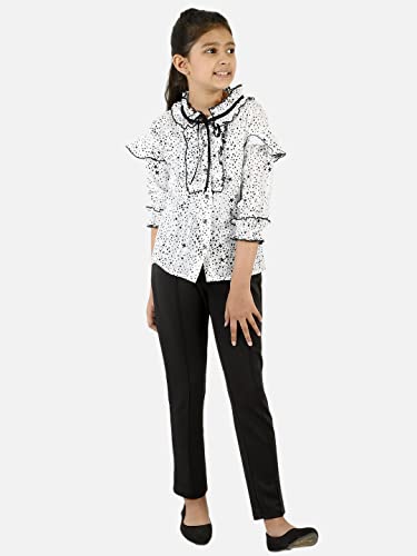Image of Natilene Black & White Star Print Ruffled Top with Tie-Up for Girls