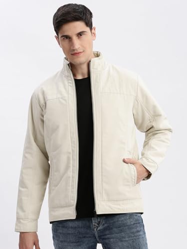 Image of SHOWOFFFF Men Solid Bomber Jacket | Mock Collar Full Sleeves Nylon Jacket for Mens | Slim Fit Regular Length Jacket for Men's