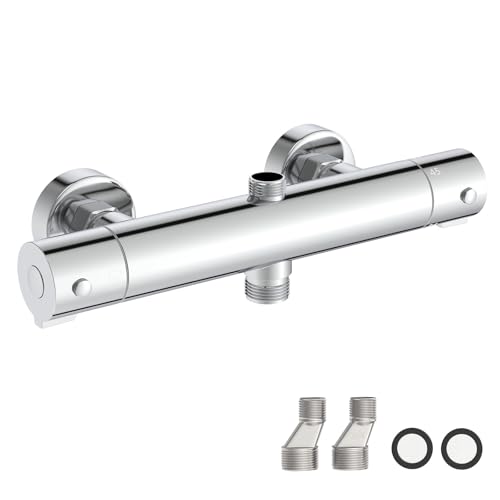 BATHLAVISH Mischbatterie Thermostat Duscharmatur mit 38 °C Sicherheitssperre, Aufputz Duscharmatur Regendusche aus Messing, Bad Armatur Dusche mit 2 Auslässen, Oben 3/4' BSP + Unten 1/2' BSP, Chrom