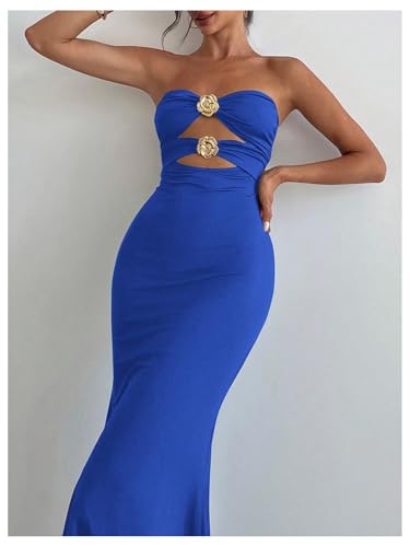 Image of Milumia Women's Metal Decor Cut Out Strapless Bodycon Maxi Dress Fishtail Tube Top Dresses Party Cocktail