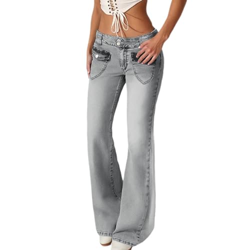 Pantalones vaqueros acampanados de cintura alta elásticos para mujer estilo casual