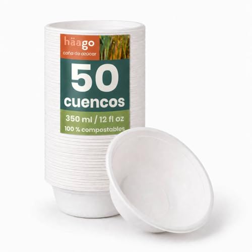 HAAGO 50 Cuencos Biodegradables de Bagazo de Caña de Azúcar 350 ml – Cuencos de Papel Resistentes y Antifugas – Compostables y Desechables – para Sopas y Postres, Comida Caliente y Fría