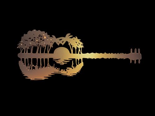 Image of METSY Wall Decor Metal Wall Decor Guitar Art|Wall Hanging Decor Abstract Guitar Sunset With Palm trees For Home Decoration with backlit (90cmx 38cm x1.2mm)