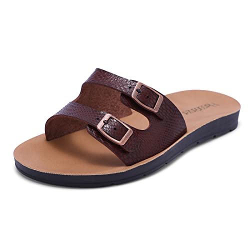 Harssidanzar Sandalias de cuero para mujer,sandalias planas livianas de moda con hebilla de metal para damas KL214EU,silla de serpiente,Talla 39 Cover