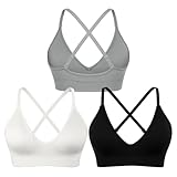 sicoozoe Women 3 Pack Sports Bras V-Neck Workout Bras Strappy Crisscross Back Yoga Bralettes with Removable Padded Mid to Low Support Gym Bras Adjustable Strap Athletic Bras（Black/White/Gray, Medium）