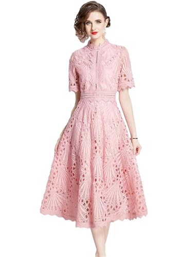 Image of Womens Vintage High-End O-Neck Short Sleeve Lace Hollow Out Dress Slim Elegant Long Dress