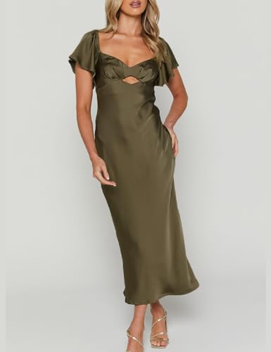 Image of Summer Satin Flutter Sleeve Wedding Guest Dresses for Women Sweetheart Neckline Cutout Tie Back Midi Cocktail Dress