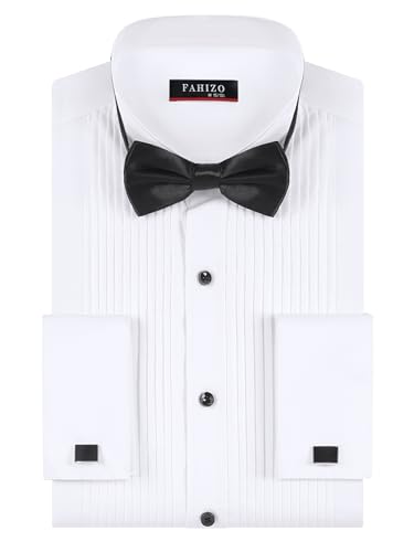 FAHIZO Men's White Tuxedo Shirt with Wing Collar, French Cuffs & Accessories