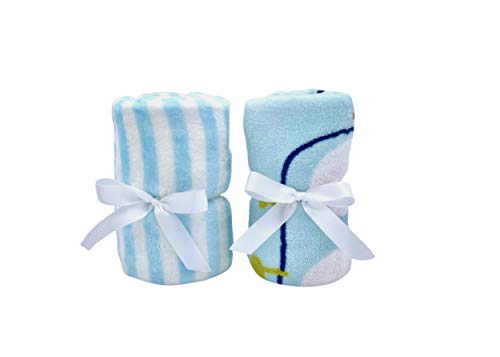 Cute New York 2 Pack Ultra Soft Baby Blankets, Comfortable Coral Fleece Plush Blankets for Infant Toddler, Gifts for Newborn, Girl Boy Blanket, 30 x 40 Inches (Blue Stripes & Robot Set)