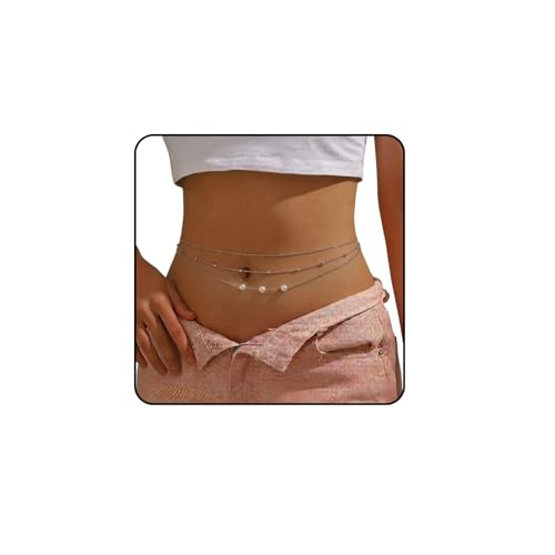 Image of Fabme Women's Waist Chain - Stylish Saree White Belly Chain - 3 Layer Body Hip Chain for the Waist Ladies Sexy Bikini Jewelry (26-42 In)