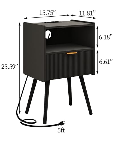 Image of Black Nightstand with Outlet,Modern Bedside Table with Storage Drawer and Open Wood Shelf, for Living Room, Bedroom and Small Spaces, Accent Night Stand with Solid Wood Legs, Easy Assembly