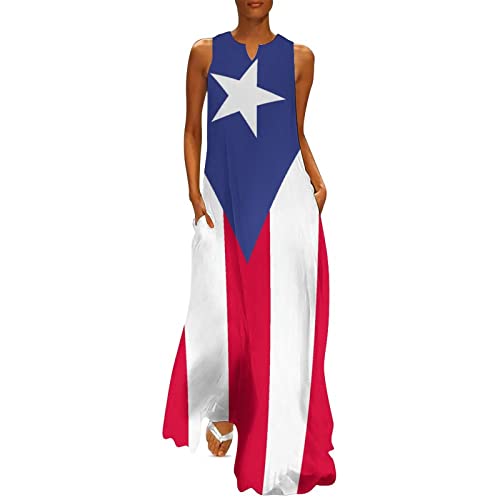 TAIZIYEAH Womens Summer Puerto Rico Flag Casual V-Neck Sleeveless Maxi Dress 2XL