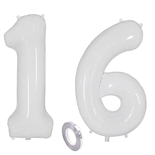 Ballons blancs en forme de chiffre Décoration d'anniversaire pour fille garçon Ballon à l'hélium 16 ans 100 cm Décoration d'anniversaire fille garçon Gonflable à l'hélium Ballon en aluminium 16 Blanc