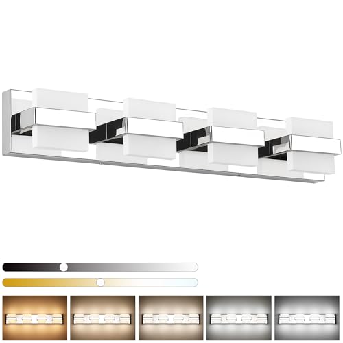 Image of SOLFART Chrome Vanity Lights for Bathroom Above Mirror,4 Light Bathroom Light Fixtures, LED Lighting Fixture, Nickel Vanity Light,5 Color Temperature Adjustable Light Over Mirror
