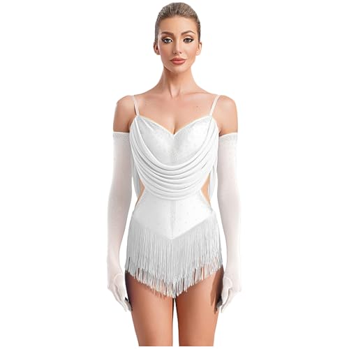 Robe danse latine ivoire Freebily L avec gants pour salsa et jazz