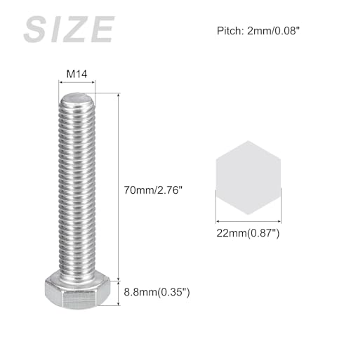 Image of METALLIXITY Hex Bolts (M14-2x70mm) 2Pcs, 304 Stainless Steel Coarse Fully Threaded Hex Head Screw Bolt Machine Screws - for Furniture Repair, Silver