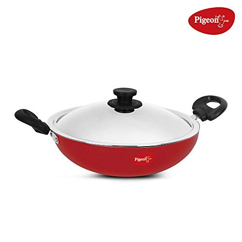 Pigeon by Stovekraft Induction Base Non-Stick, Aluminium Kadai-200 IB with Lid/Dia 22.6cm, Red