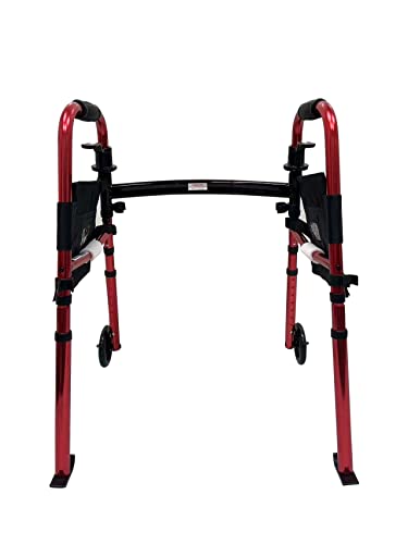 HEALTHLINE 2 Wheel Walker for Seniors & Adults - Deluxe Lightweight Foldable Walker with Wheels 5" and Legs Fold Up Plus Extra Pouches (Red)