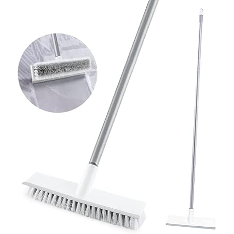 SUPERWASH PLUS Floor Scrub Brush with Extendable Long Handle 54 inches, 2 in 1 Scraper and Stiff Bristles Tile Brush for Cleaning Bathroom, Patio, Garage, Wall and Deck Cover