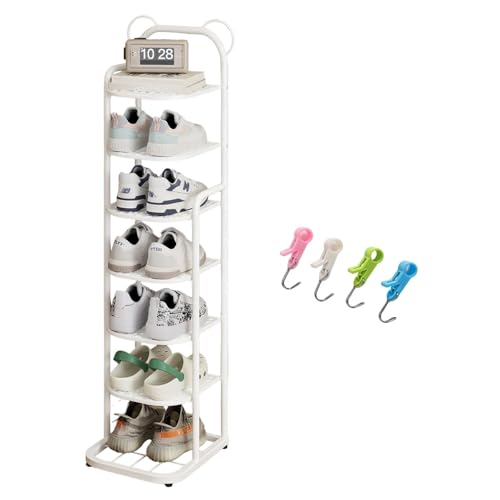 Zapatero delgado organizador de 10 niveles que ahorra espacio para niños, diseño estrecho y alto, 28 cm de ancho, 166 cm de alto, elegante almacenamiento de zapatos blanco para pasillo