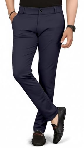Image of Mehrang Men's Slim Fit Casual Mid Rise Trousers, Cotton Blend, Side Pockets || Classic Slim Fit Chino Pants || Business Casual Dress Trousers