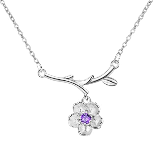Cuicany Collier de Fleurs de Cerisier, Collier avec Pendentif Fleur de Cerisier, Chaîne Courte avec Pendentif en Forme de Fleur de Sakura en Zircone Cubique Violet, pour Femme