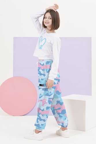 Image of SANGTREE Cute Clothes for Teen Girls, Long Sleeve Crop Tops Tee Shirts + Sky Blue Cargo Jogger Pants with Multi Pockets Elastic Waist,4-5T = Tag 120