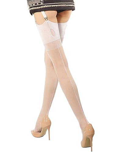 Luxallacki Vintage Keyhole Back Seam Hold-up Stockings, Cuban Heel Sheer Thigh-Highs for Retro Glamour (White,Medium)