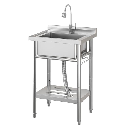 Garvee Stainless Steel Utility Sink with Faucet &amp; Storage Shelf, 304 Single Bowl Freestanding Sink with Adjustable Legs, S-Hooks, Hot &amp; Cold Water Pipes for Kitchen, Laundry, Garage, Farm, Outdoor Use