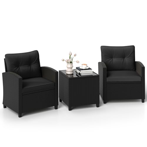 ORALNER 3 Pieces Patio Furniture Set, Wicker Conversation Set Outdoor Chairs with Cushions, Glass Coffee Table, Rattan Bistro Set for Front Porch Balcony Garden Deck Poolside (Black)