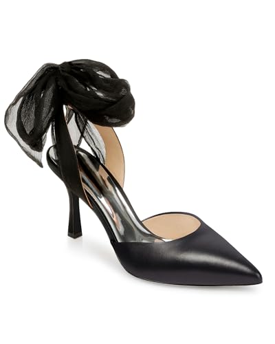 Image of Womens Lace up Satin Heels Bow Pointed Closed Toe Bridal Dress Shoes Low Heel Wedding Elegant Pumps