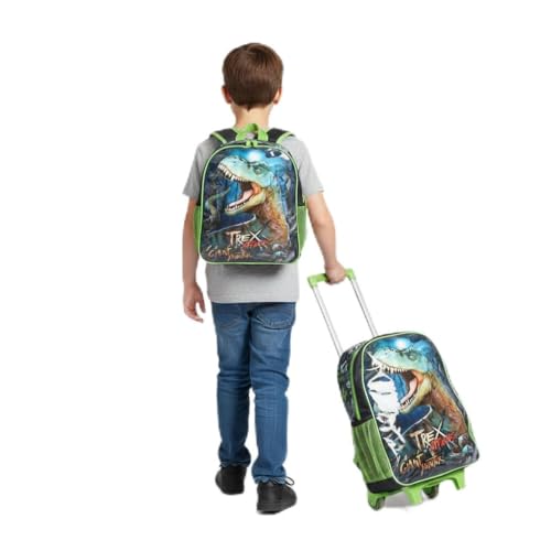 Mochila de Rodinhas Infantil Estampa Dinossauro T-Rex, Poliéster, 23 Litros, 3 Compartimentos, e Kit com Lancheira Infantil T-Rex (Mochila de Rodinhas + Lancheira Dinossauro T-Rex)