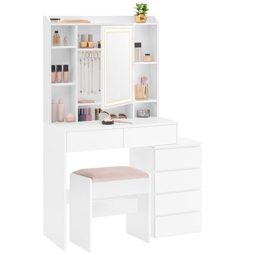 VASAGLE Kailyn Collection - Coiffeuse avec LED, 3 Luminosités Réglables, Table de Maquillage avec Miroir, Tiroirs, Compartiments Ouverts, Tabouret, Étagères...