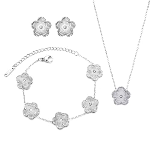 UOOANUO Clover Neckalce Earring Set for Women 14K Gold Plated Stainless Steel Four Leaf Clover Jewelry Set Gift (Silver)
