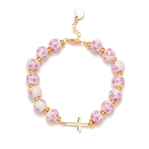 Cross Bracelet for Women,Jesus Christian Gifts Gold Beaded Dainty Link Chain Bracelet Flower Ceramic Bracelet Heart Vintage Jewelry4