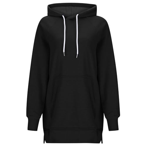 Generisch Damen Norweger Pullover Lässiger, einfarbiger Kapuzenpullover für Damen, mittellang, lockeres Oberteil mit Schlitz Hoodie Girls (Black,...