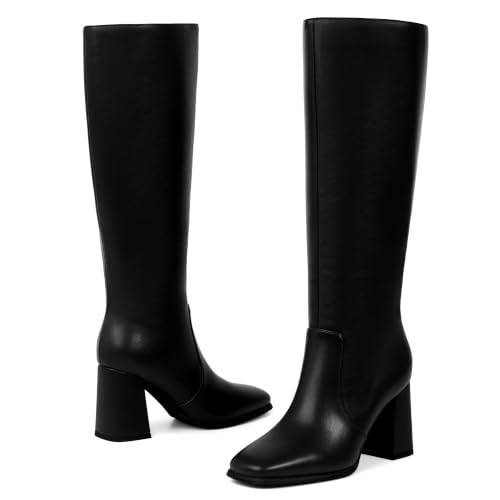 Image of Knee High Boots Women Square Toe Chunky Heel Fashion Tall Boots | Block Heel Gogo Boots with Side Zipper,Fashion Heeled Fall Winter Boots,Long Dressy Boots for Women