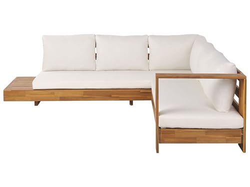Beliani Salon de Jardin 5 Places Côté Gauche en Bois d'Acacia Certifié avec Coussins Blanc Marettimo