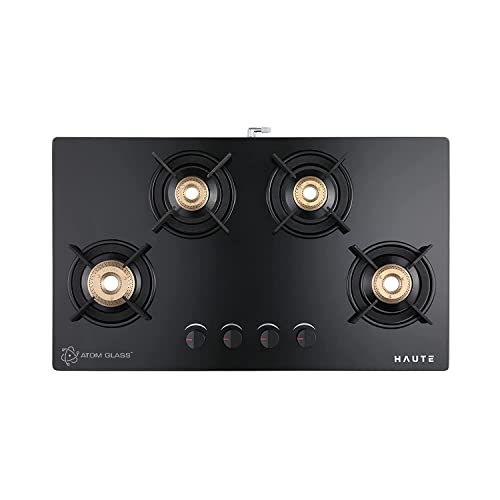 Haute Evoque Series 2.0 Black 4 Burner Manual Ignition Glass Gas Stove |8mm Atom Glass || Door Step Service |...