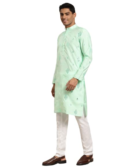 Image of SOJANYA (Since 1958 Men's Cotton Blend Navy Blue & Black Printed Kurta & White Churidar Pyjama Set