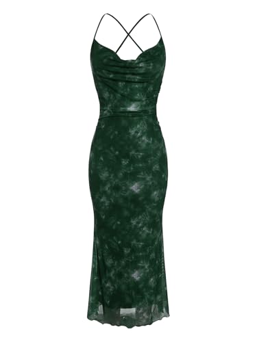 Image of SOLY HUX Women's Floral Mesh Bodycon Cami Dress Cowl Neck Sleeveless Cocktail Party Wedding Guest Long Maxi Dresses