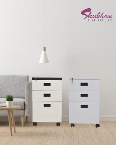 Image of Shubham Furnitures 3 Drawer Steel Pedestal Cabinet | Lockable Powder Coated Filing Cabinet for Files, Documents & Stationery | Office Storage Unit (Brown, Pedestal with Wheels)