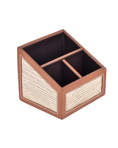 Image of Premsons Remote Holder - 3 Section Tabletop Organizer in Light Brown | Faux Leather with Refined Wooden Finish | Decorative & Practical Organizer - Orange