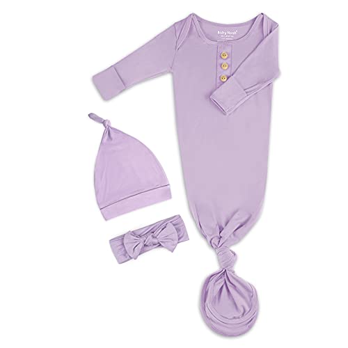 Image of Newborn Baby Knotted Gown, Super Soft Silky Infant Sleeper, Baby Girl Sleep Gown with Mittens, Bow, and Hat Set