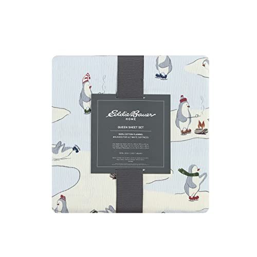 Image of Eddie Bauer - Flannel Sheets Full Size, Anti-Pilling & Wrinkle Resistant Cotton, Bed Sheets with Matching Pillowcases & Fitted Sheet (Skating Penguin Light Blue)