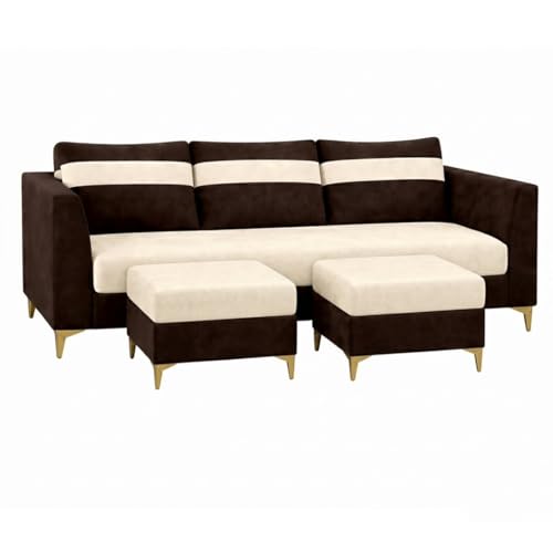 Image of FURNY Nova 5 Seater L Shape Sofa Set with 2 Movable Ottoman | Flexible Left or Right Layout | Plush Velvet Fabric (Dark Brown-Cream) | Perfect for Living Room, Guest Room & Office
