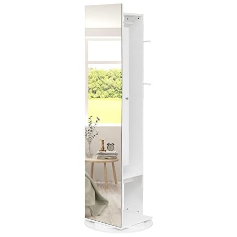 WEI WEI GLOBAL Jewelry Armoire with Full Length Mirror - 360° Rotating Mirrored Jewelry Cabinet - Slide Jewelry Organizer - White Cover