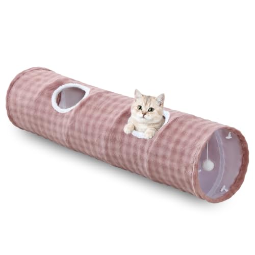 Image of Straight Bubble Cat Tunnel for Indoor Cats 47 inchx12 inch, Dusty Pink | Cute Cat Toys, Collapsible Tunnel Tube with Hanging Balls for Puppy Kitten Rabbit