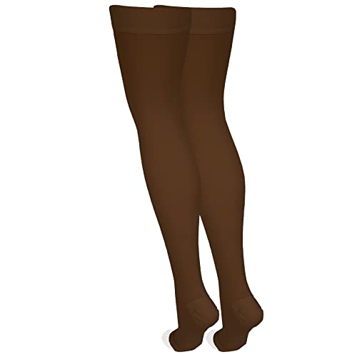 Nuvein Medical Compression Stockings, 20-30 Mmhg Support, Women & Men Thigh Length Hose, Open Toe, Brown, X-Large #TOP3