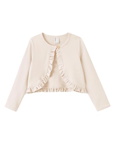 PATPAT Girls Cardigan Bolero Size 8-9 Years Apricot Kids Long Sleeve Knit Ruffle Open Front Button Closure Cover Up Cropped Tops Girl Clothes